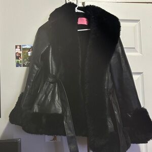 Vera Wang Black Leather Jacket with Faux Fur Trim